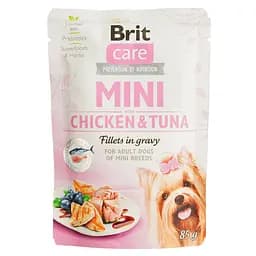 Беззерновой влажный корм для собак миниатюрных пород Brit Care Mini pouch курица и тунец в соусе 85 г