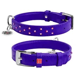 Нашийник для собак шкіряний Waudog Glamour з QR-паспортом з клейовими стразами Ш 25 мм Д 38-49 см фіолетовий