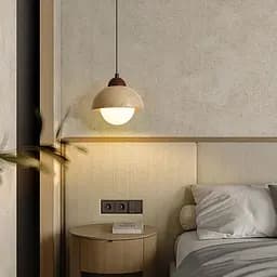 Світильник із підвісним травертиновим корпусом білим плафоном та дерев'яною фурнітурою Ø15х17 см Line F ST002-150