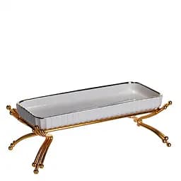 Порцелянове блюдо для сервірування на металевій підставці 37×18×5 (см) блюдо для подачі закусок Білий із золотом Yiwu LB-1566G