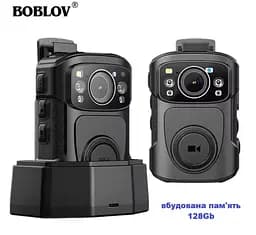 Нагрудна боді-камера Boblov B4K5 пам'ять 128Гб з дисплеєм 2.0 дюйма GPS нічний запис датчик руху акумулятор 3400 мА·год док-станція