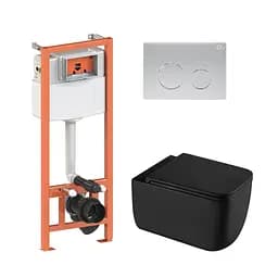 Подвесной унитаз Qtap Gemini Ultra Quiet + инсталляция Qtap Nest 4 в 1 (круглая клавиша Satin), Черный