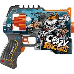 Игрушечный детский пистолет автомат. барабан на батарейках с мягкой. патронами Безумные Гонщики (12 шт.) (21х19см)