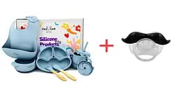 Набір силіконового дитячого посуду Cheeks для прикорму на присосках із харчового силікону блакитний + Силіконова соска пустушка ортодонтична вуса для новонароджених англійські