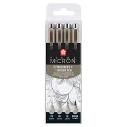 Набір лінерів Pigma Micron 4шт (0.1/0.5/10/лінер-пензель Pigma Brush) Сірий Світлий Sakura
