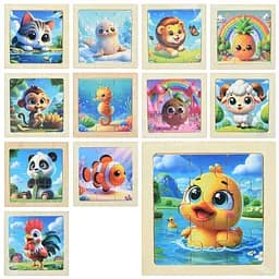 Деревянная игрушка Пазлы, 9 деталей (животные, морские обитатели, птицы, фрукты), 10x10x0.5 см (в ассортименте)