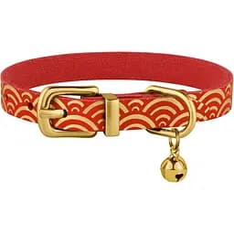 Ошейник для кошек BronzeDog Barksi Classic Море кожаный одинарный с золотым тиснением 2XS 18-25х1 см красный