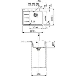 Кухонна мийка Franke Centro, фраграніт, прямокутник, з крилом, 620х500х200мм, чаша - 1, врізна, CNG 611-62 TL, сірий камінь - мініатюра 2