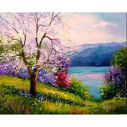 Алмазна мозаїка Чарівний діамант Цвітіння вишні біля озера зі стразами на підрамнику 40х50 см (2113389891)