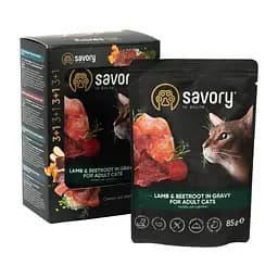Набір вологих кормів Savory 3+1 для дорослих кішок, ягня з буряком у соусі, паучі, 4 шт. 85 г