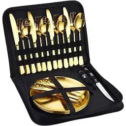 Набір туристичного посуду для походу на 4 особи 24 предмети в чохлі нержавіюча сталь Рожеве золото