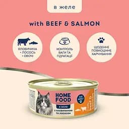 Повнораціонний консервований корм Home Food для дорослих котів з яловичиною та лососем в желе 85 г - мініатюра 2