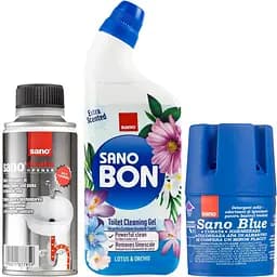 Набір для чищення унітаза "Все буде чисто": бачок для миття унітазу Sano Blue синій 150 г + гель для чищення унітазів Sano Лотос-Орхідея 750 мл + засіб для прочищення каналізаційних труб Sano Drain 200 г