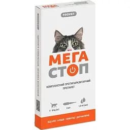 Капли на холку для кошек ProVET Мега Стоп от внешних и внутренних паразитов от 4 до 8 кг 4 пипетки по 1 мл (PR020074)