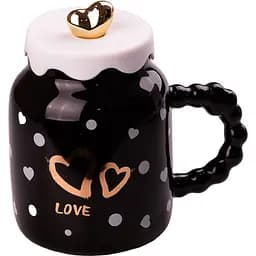 Чашка керамическая Happy Life Love с крышкой черная в белая горошек 400 мл HPCY8371B