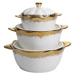 Набор фарфоровых супниц 3 (шт) 0.8/1.8/2.5 (л) с крышкой и ручками для дома и ресторана Золотистый Yiwu XYL216-4A