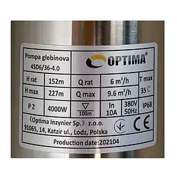 Насос свердловинний з підв, стійк, до піску Optima 4SD6/36 4,0 кВт 227м 3-фазний 000021132 - мініатюра 3