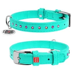 Нашийник для собак шкіряний Waudog Glamour з QR-паспортом з клейовими стразами Ш 15 мм Д 27-36 см ментоловий