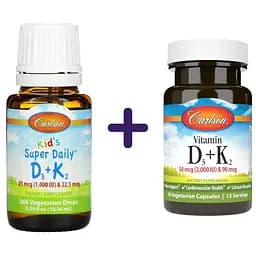 Набор: витамин D3+K2 для детей CarlsonKid's Super Daily D3+K2 1000 МЕ 22.5 мкг в каплях 10.16 мл + витамин D3+K2 Carlson Vitamin D3+K2 2000 МЕ 90 мкг 30 вегетарианских капсул