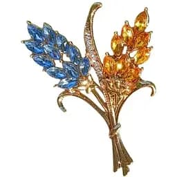 Брошь-булавка колоски пшеницы 5.3 x 4 см со стразами Желто-Голубая