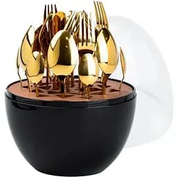 Набор столовых приборов TS Kitchen Черный на 6 персон из нержавеющей стали золотистый 24 штуки в яйце