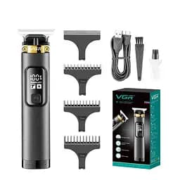 Триммер аккумуляторный для волос, бороды и усов VGR V-985 LCD (4 насадки) Черный