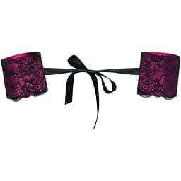 Атласні наручники-манжети на стрічках Obsessive Roseberry cuffs, Pink, прикрашені мереживом