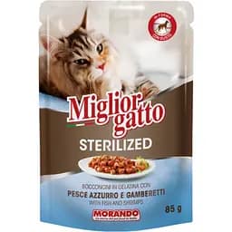 Влажный корм для стерилизованных кошек Migliorgatto Sterilized рыба и креветки кусочки в желе 85 г