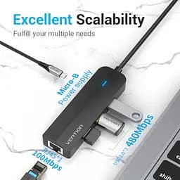 Usb-хаб Vention Usb-C to Usb 3.0x3 / RJ45 / Micro-B Hub 0. 15M чорний ABS Type - мініатюра 3