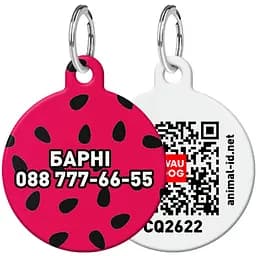 Адресник для собак и кошек персонализированный Waudog Smart ID с QR паспортом, Арбуз, S, диаметр 25 мм