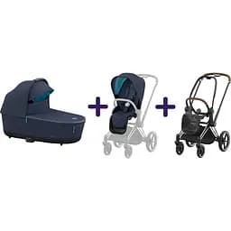 Люлька Cybex Priam Lux Conscious Collection Dark Navy + Текстиль для прогулянкового блоку Cybex Priam Conscious Collection Dark Navy + Шасі Cybex Priam з каркасом LS RBA Chrome Brown