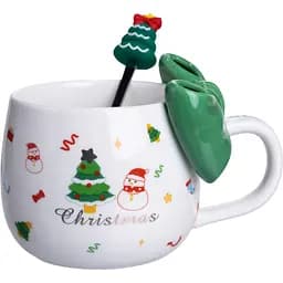 Чашка порцелянова Christmas Ribbon 400 мл з ложкою, зелений  FM-CS-19B