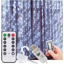 Гірлянда штора Sun Lamp крапля роси 3х3 метри 300 LED з пультом та USB живленням, біле світіння