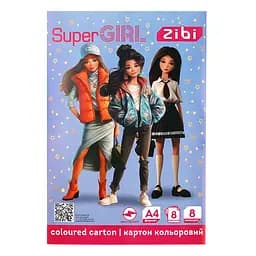 Картон кольоровий ZiBi Kids Line Super Girl А4 двосторонній целюлозний 8 кольорів - 8 аркушів (ZB.1959-10)
