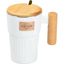 Чашка керамическая Happy Life Vintage с бамбуковой крышкой и ложкой белая 400 мл HP7205W