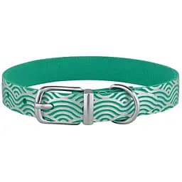 Ошейник для собак BronzeDog Barksi Classic Волна кожаный одинарный с серебряным тиснением 33-43х2 см бирюзовый