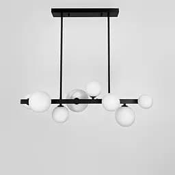 Видовжена чорна люстра-молекула на 8 білих плафонів 75 см Арт. AT 32 8L BK+WT Line F
