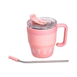 Термочашка Coffee & Tea 480 мл з трубочкою і подвійним відкриванням, рожевий Yiwu HP-14-23P - мініатюра 3