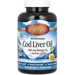 Рыбий жир из печени трески Carlson Cod Liver Oil Gems со вкусом лимона 150 гелевых капсул