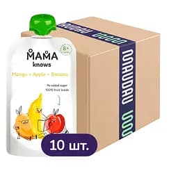 Упаковка пюре Mama knows з манго, яблук та бананів без цукру 900 г (90 г х 10 шт.)