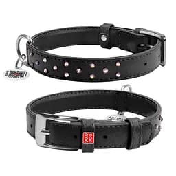 Ошейник для собак кожаный Waudog Glamour с QR-паспортом с клеевыми стразами Ш 25 мм Д 38-49 см черный