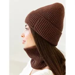 Жіноча в'язана шапка і хомут набір 1 вовна  20% з відворотом Темно Коричневий