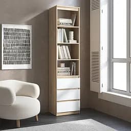 Пенал для книг Vays R-25 Дуб Сонома-Белый фасад, с открытыми полками и ящиками, без ручек, ЛДСП, 50×40×211 см - для гостиной, спальни