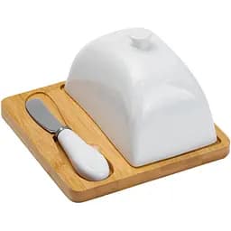 Масленка Yiwu фарфоровая 15х15х9 см с ножом и бамбуковой подставкой HP1255