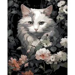 Набір для розпису по номерах Strateg Кіт у квітах на чорному фоні 40 х 50 см (AH1191-17)