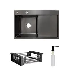 Кухонна мийка Lidz Handmade H7849BR інтегрована крило зправа BlackPVD у комплекті з дозатором та корзиною, Чорний