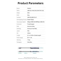 Хаб USB 3.0 - 1xUSB 3.0/3xUSB 2.0, 0.15м, 5 Гбіт/с, Grey Vention - мініатюра 6