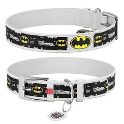 Ошейник для собак кожаный Waudog Design с QR-паспортом "Бэтмен3" L Ш 25 мм Д 38-49 см белый