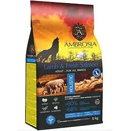 Сухий корм Ambrosia Grain Free для дорослих собак усіх порід з ягням та свіжим лососем 12 кг