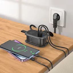 Мережевий зарядний пристрій подовжувач Hoco NS7 2 USB/ Type-C PD 20W 1 розетка 1.1m чорний - мініатюра 2